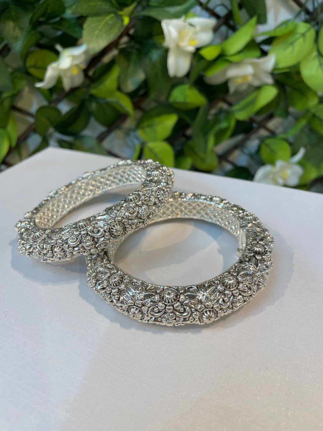 Chunky silver intricate bangles - House Of Swavo