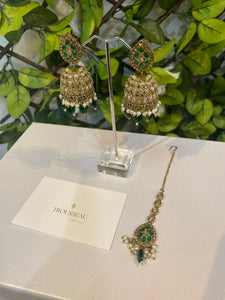 Green and pearl gold earring and tikka set - House Of Swavo