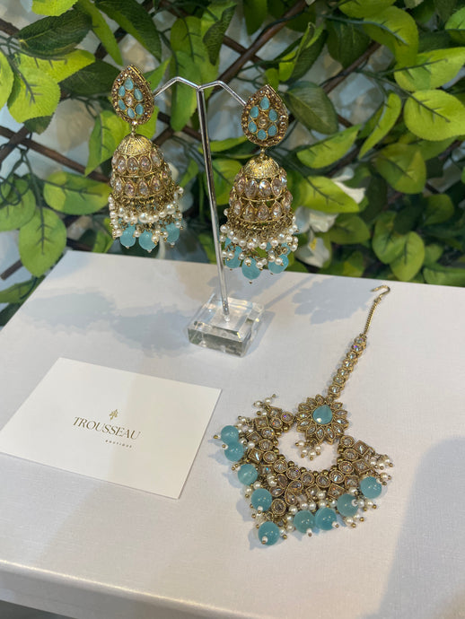 Light blue and pearl gold earring and tikka set - House Of Swavo